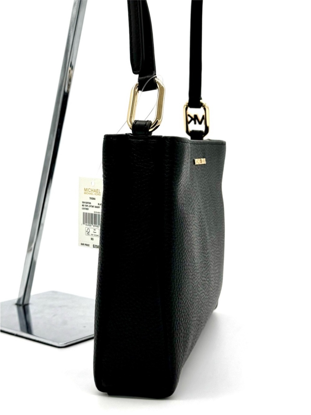 Michael Kors Trisha Medium Pebbled Leather Crossbody Bag Black/Gold - Picture 5 of 10